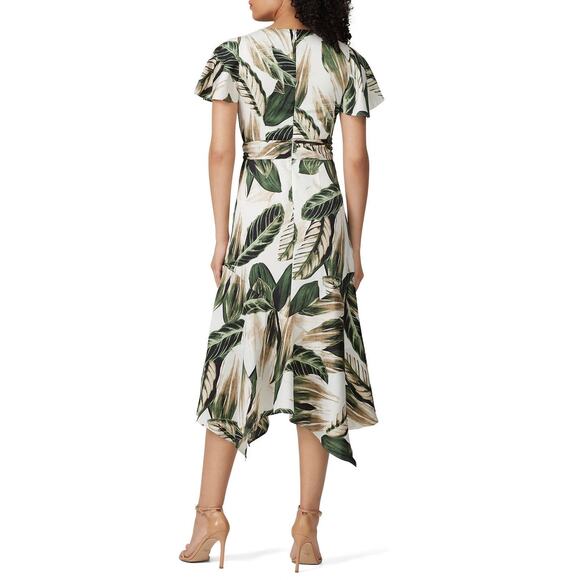 Great Jones Cream Green Tropical Leaf Print Tie Waist Midi Dress Size 8 - Picture 2 of 16